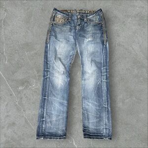 Rock Revival Jeans Mens 31x30 Blue Kort Straight‎ Embroidered Grunge Hip Hop Y2K